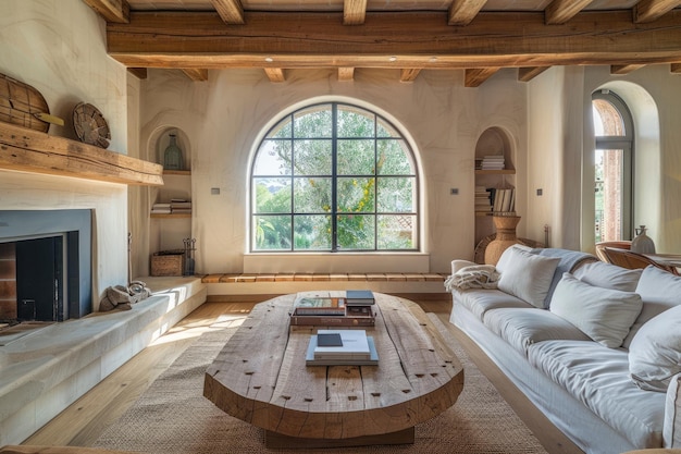 Rustic Living Room with Wooden Coffee Table and Fireplace