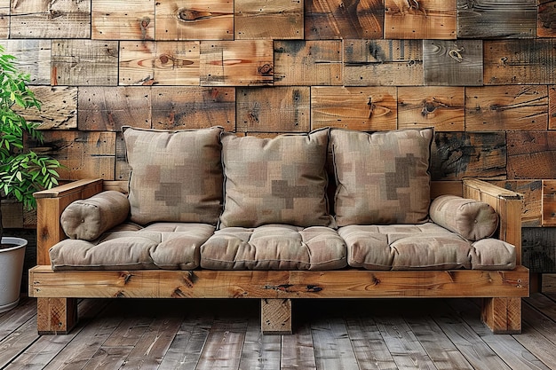 Photo rustic living room with wooden pallet sofa and earthy tones creating a cozy and inviting atmospher