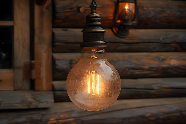 Rustic Lodge Illuminated by Vintage Edison Light Bulbs at Dusk Perfect for Cozy Cabin Decor