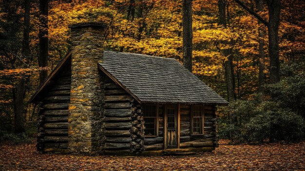 Photo rustic log cabin dark timber stone chimney surrounded by pine trees autumn leaves