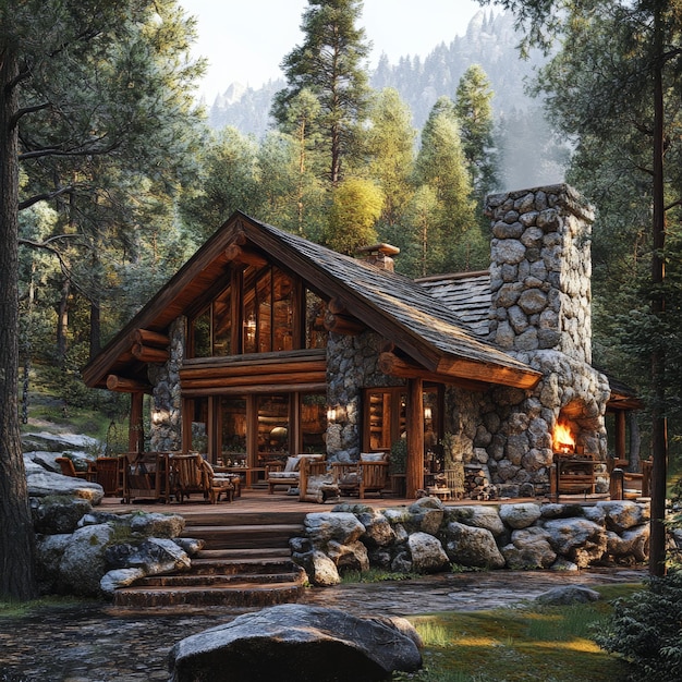 Photo rustic log cabin with stone fireplace and forest view