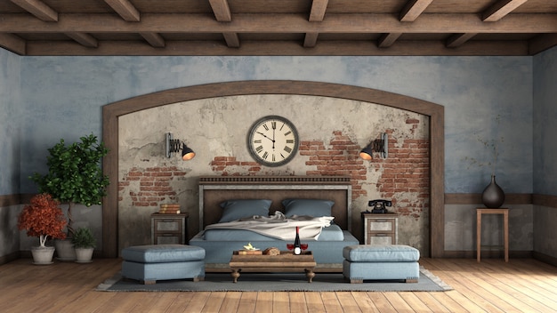 Rustic master bedrom with old walls and wooden double bed