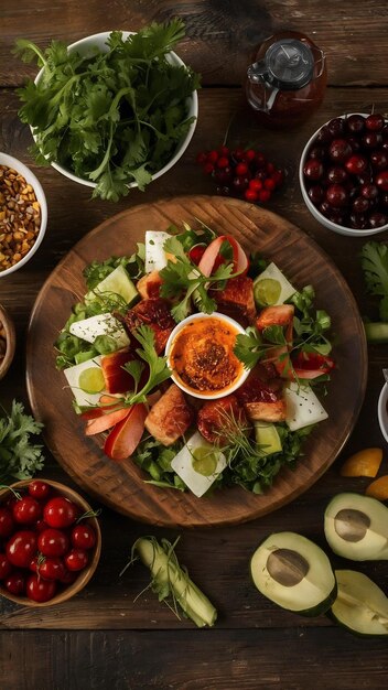 Photo rustic meal on wooden table with fresh ingredients generated by