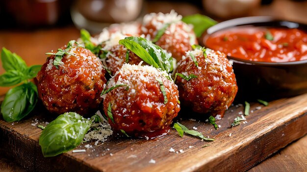 Photo rustic meatballs with marinara basil and parmesan on board