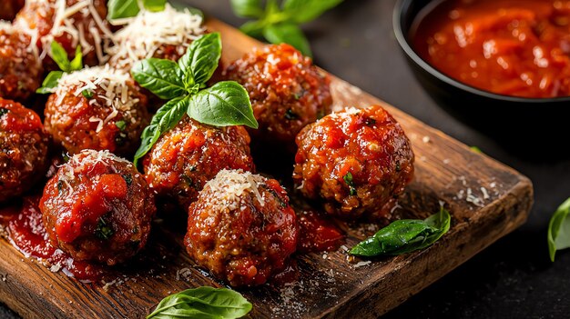 Rustic meatballs with marinara basil and Parmesan on board