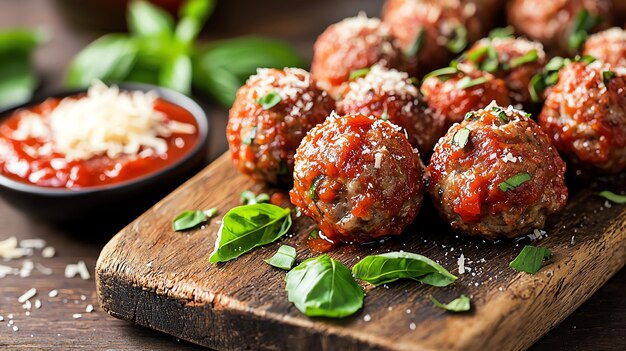 Rustic meatballs with marinara basil and Parmesan on board