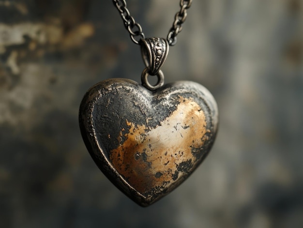 Photo rustic metal heart pendant necklace on black chain with vintage patina and textured background