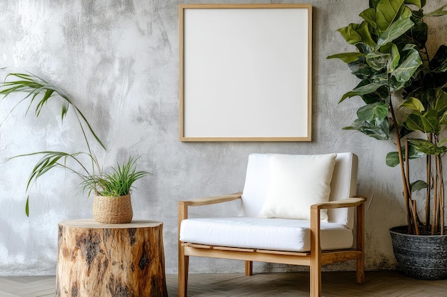 Photo rustic minimalist home interior with lounge chair wood stump side table and empty mock up frame