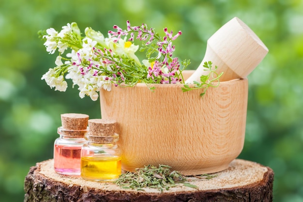 Rustic mortar with healing herbs and bottles with essential oi