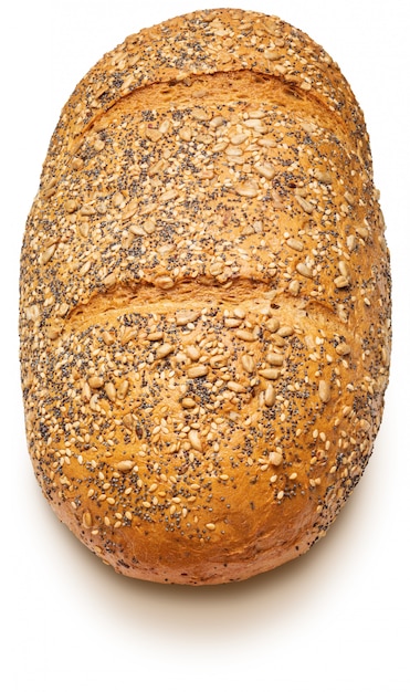 Rustic multigrain bread (wheat, rye, sunflower seeds, linseed, poppy, sesame and barley). World Champion. Isolated on white background. Top view.