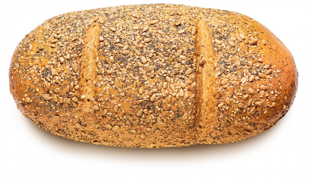 Rustic multigrain bread (wheat, rye, sunflower seeds, linseed, poppy, sesame and barley). World Champion. Isolated on white background. Top view.