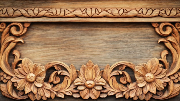 A rustic Nordicstyle wall with a simple wooden finish and decorative carvings of natural motifs