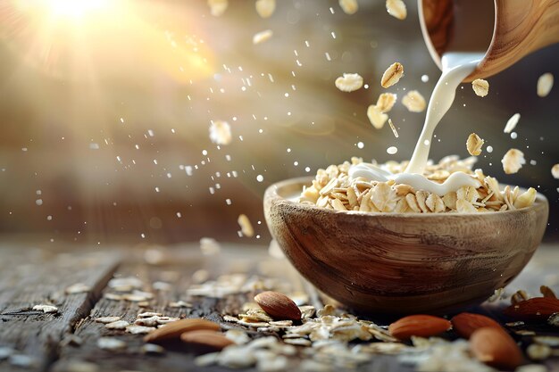 Rustic Oatmeal Breakfast Milk Flowing into Wooden Bowl Milk is poured into oatmeal in a wooden bowl