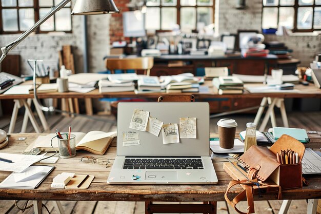 Rustic office with wooden furniture vintage decor and warm lighting