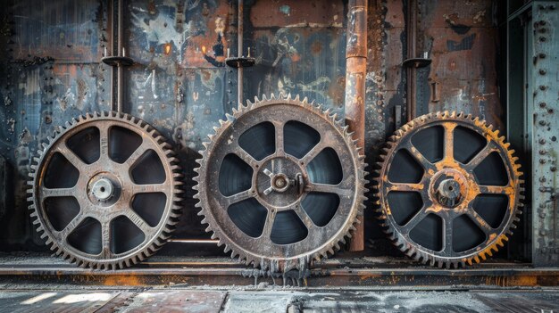 Rustic old gear wheels set against a modern industrial backdrop showing the evolution of machinery