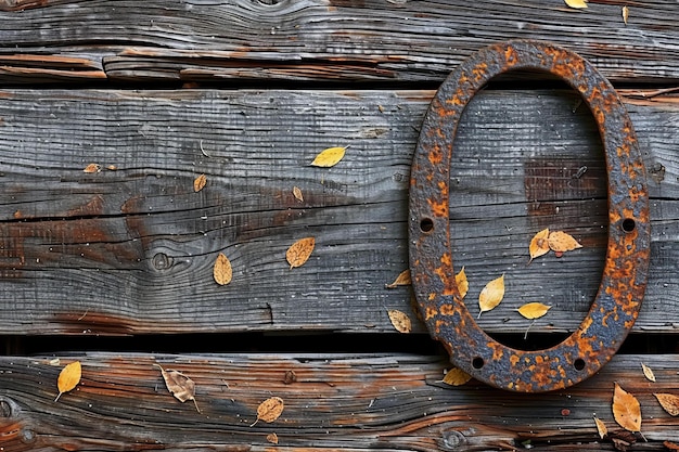 Photo rustic old horse shoe on wooden background top view horseshoe is lying flat and slightly tilted to