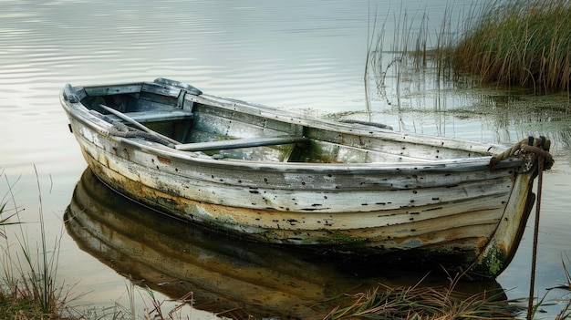 Rustic Old Rowboat on the Waters Edge Wooden Fishing Dinghy with Rudder in Lake Nautical Vessel