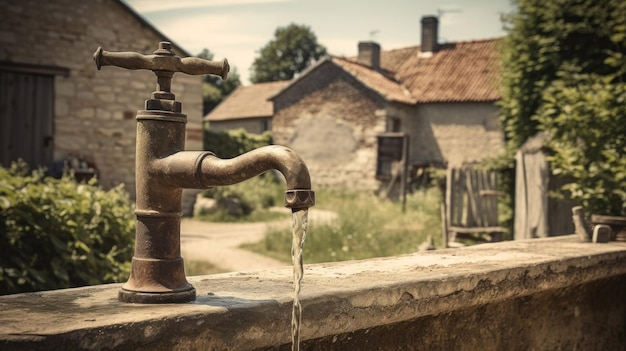 Rustic old water tap in foreground of a country vintage town with Generative AI Technology