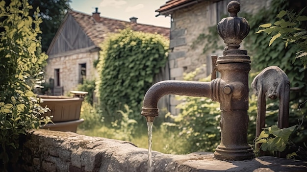 Rustic old water tap in foreground of a country vintage town with Generative AI Technology