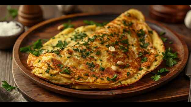 Rustic omelet on wooden plate with parsley