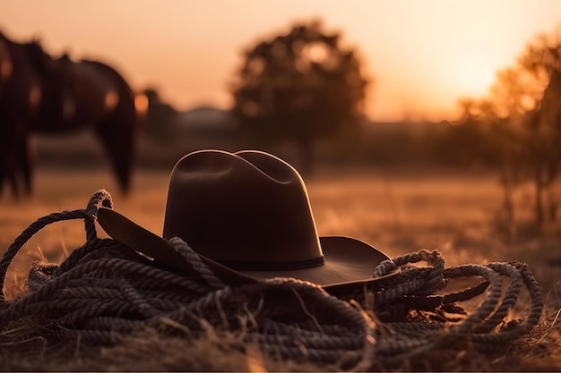 Rustic outdoor backdrop Sunset Rural background with close up cowboy hat and rope Generative ai