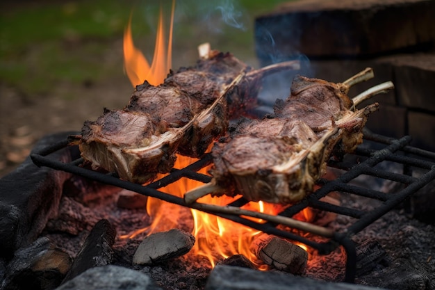 Rustic outdoor cooking lamb chops on campfire coals created with generative ai