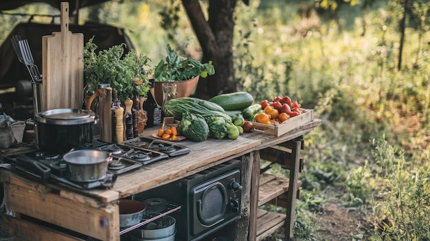 Photo a rustic outdoor kitchen setup with a camp stove fresh vegetables and cooking utensils