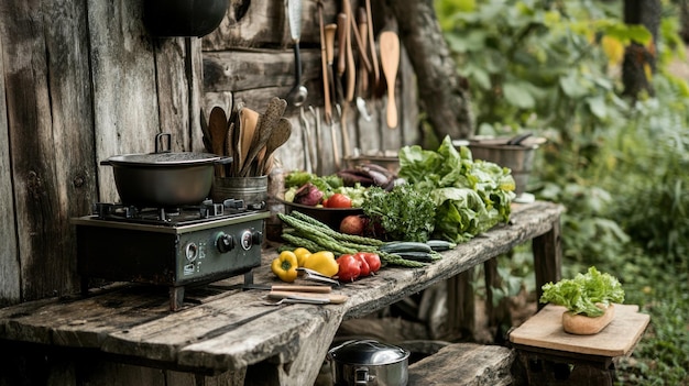 Photo a rustic outdoor kitchen setup with a camp stove fresh vegetables and cooking utensils