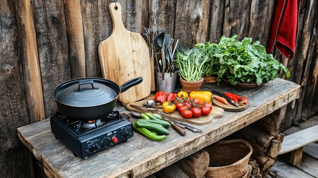 A rustic outdoor kitchen setup with a camp stove fresh vegetables and cooking utensils