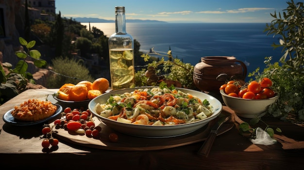 A rustic outdoor picnic set against a Mediterranean sea backdrop featuring fresh produce bread and wine