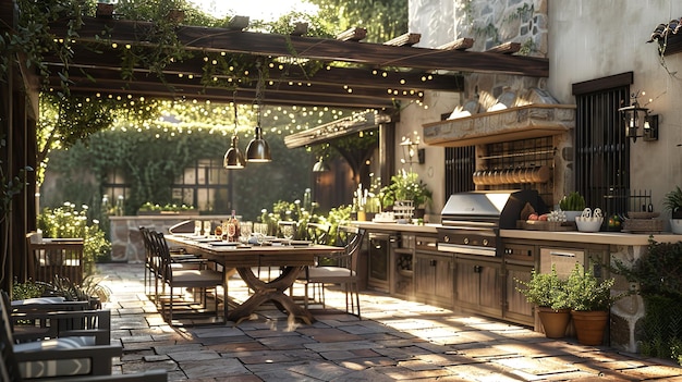 A rustic outdoor seating area with a slate stone patio wooden furniture and potted plants adding to