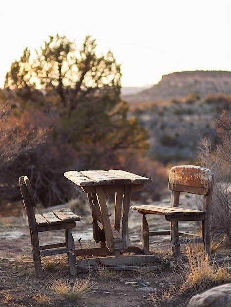 Photo rustic outdoor seating in desert landscape at sunset