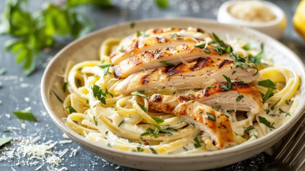 A rustic pasta dish with creamy Alfredo sauce grilled chicken and fresh herbs served in a white bowl