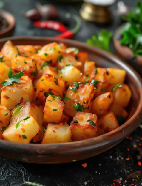 Rustic Patatas Bravas with Spicy Sauce Close up on Black Plate