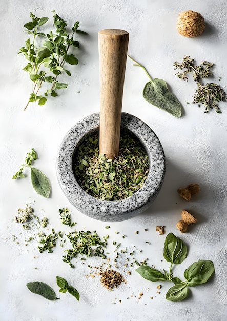 Photo rustic pestle and mortar with fresh herbs