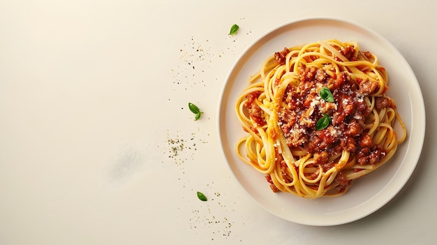 Rustic Plate of Beef Ragu Pasta on Isolated Cream Background with Studio Lighting and Copy Space