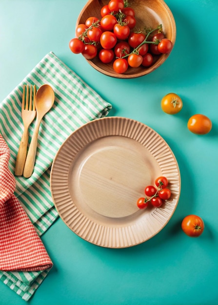 Photo rustic plate with cherry tomatoes colorful tablecloth food photography for recipe book cover desi