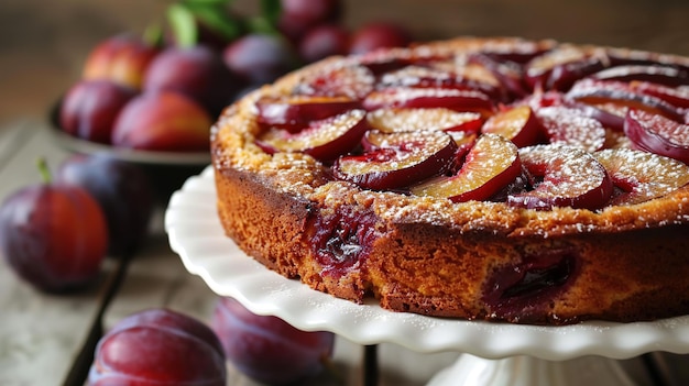 Photo rustic plum cake on wooden background with plums around plum pie concept