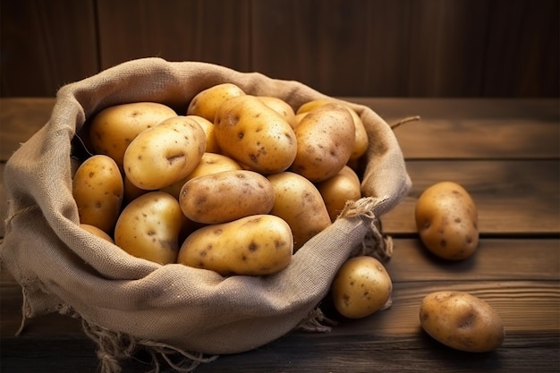 A rustic presentation fresh potatoes in an aged burlap bag