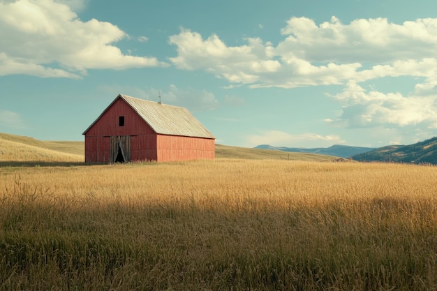 A rustic red barn stands alone in a golden wheat field under a bright sky with scattered clouds