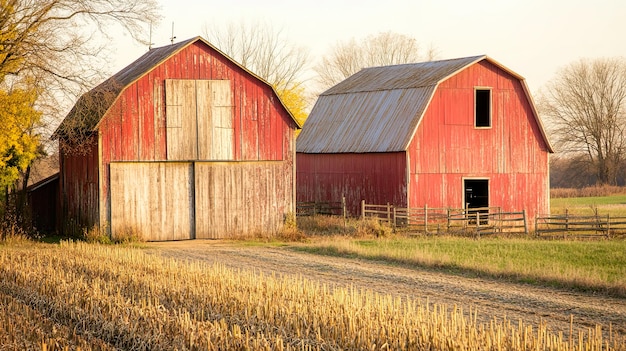 Photo rustic red barns in a rural landscape at sunset