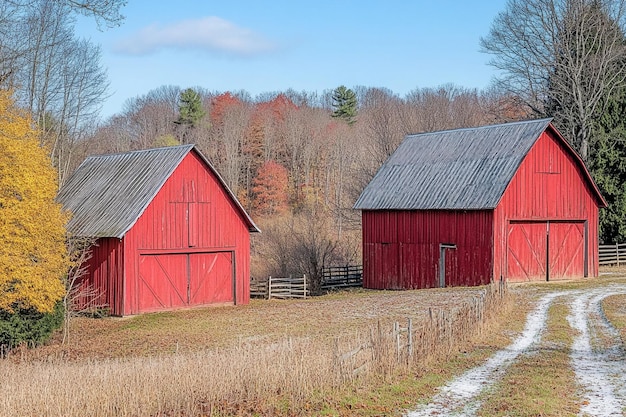 Photo rustic red barns with a clear blue sky photo