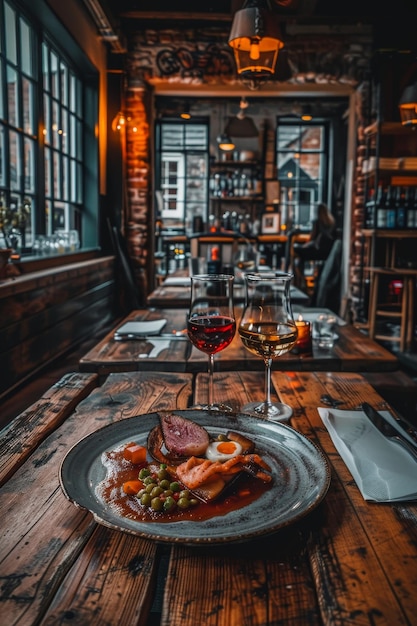 Photo rustic restaurant interior with prepared gourmet meal and drinks on wooden table focus on food