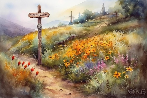 Rustic Road Sign Adorned with Watercolor Painting