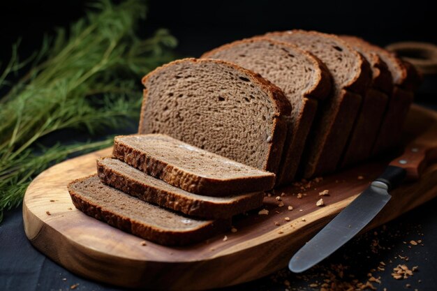 Rustic Rye bread slice on wooden board natural Generate Ai