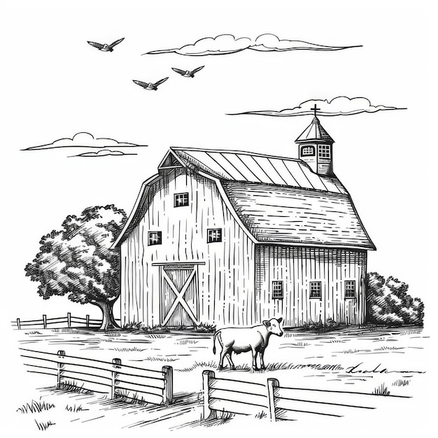 Photo rustic scene featuring a country barn and sheep in pen with flying birds in an ink sketch