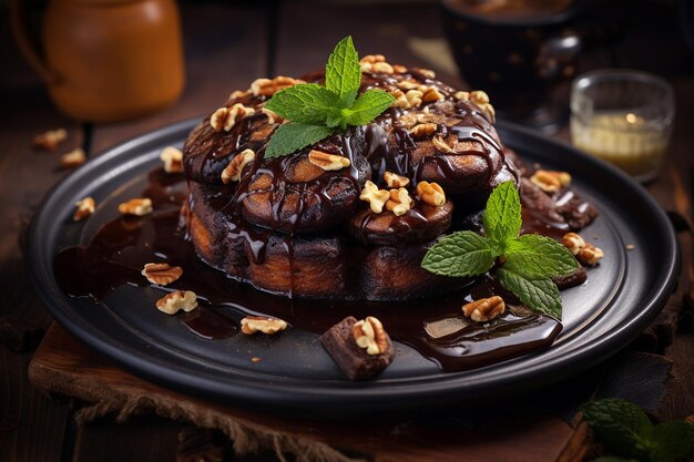 Rustic scene with a plate of brownie pancakes topped with bananas and caramel sauce