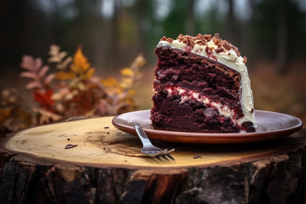 Rustic scene with a slice of chocolate beet cake served with whipped cream