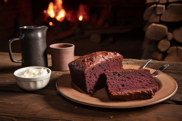 Rustic scene with a slice of chocolate beet cake served with whipped cream