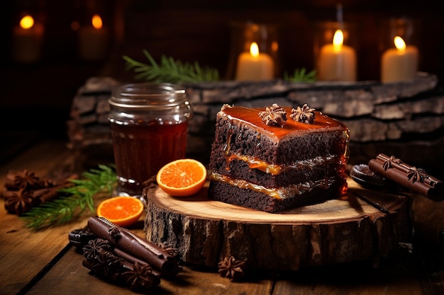 Rustic scene with a slice of chocolate caramel cake served with caramel sauce